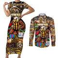 Custom Hawks Rugby Merry Christmas Couples Matching Short Sleeve Bodycon Dress and Long Sleeve Button Shirt Indigenous Australian Art