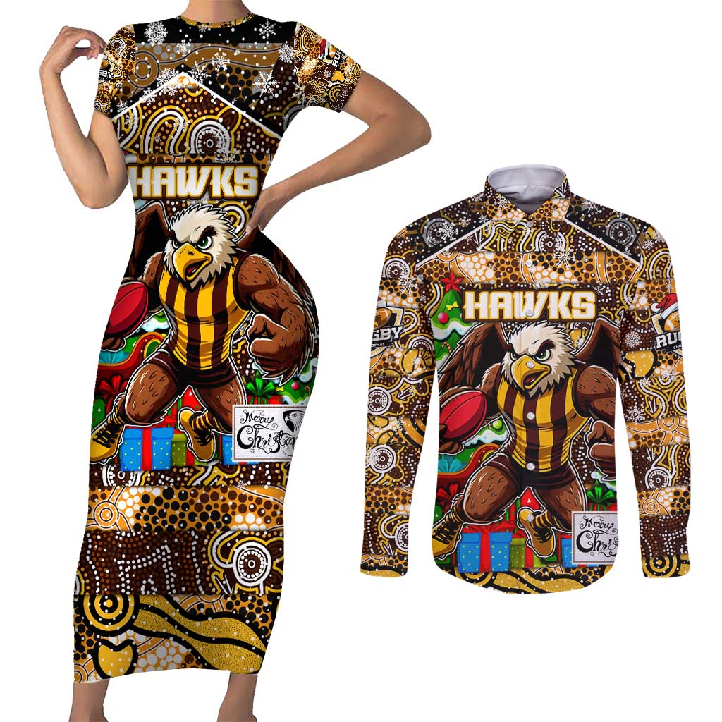 Custom Hawks Rugby Merry Christmas Couples Matching Short Sleeve Bodycon Dress and Long Sleeve Button Shirt Indigenous Australian Art