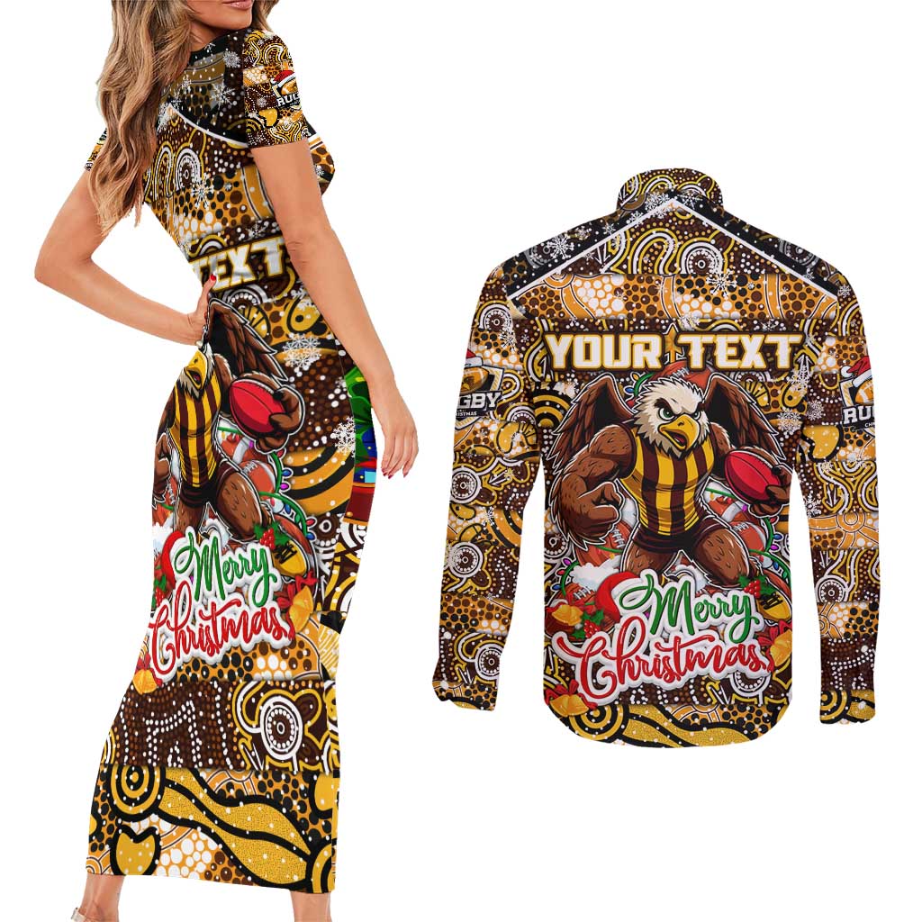 Custom Hawks Rugby Merry Christmas Couples Matching Short Sleeve Bodycon Dress and Long Sleeve Button Shirt Indigenous Australian Art