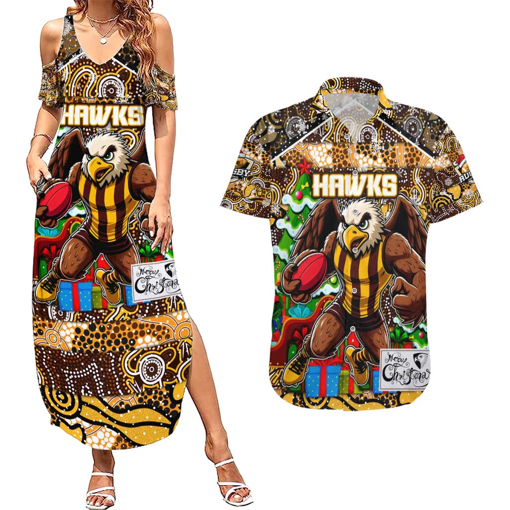 Custom Hawks Rugby Merry Christmas Couples Matching Summer Maxi Dress and Hawaiian Shirt Indigenous Australian Art
