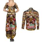 Custom Hawks Rugby Merry Christmas Couples Matching Summer Maxi Dress and Long Sleeve Button Shirt Indigenous Australian Art