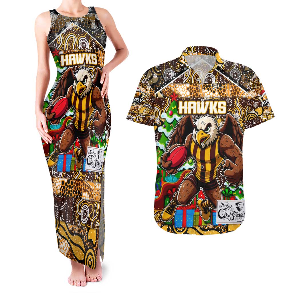Custom Hawks Rugby Merry Christmas Couples Matching Tank Maxi Dress and Hawaiian Shirt Indigenous Australian Art