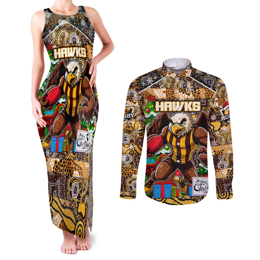 Custom Hawks Rugby Merry Christmas Couples Matching Tank Maxi Dress and Long Sleeve Button Shirt Indigenous Australian Art
