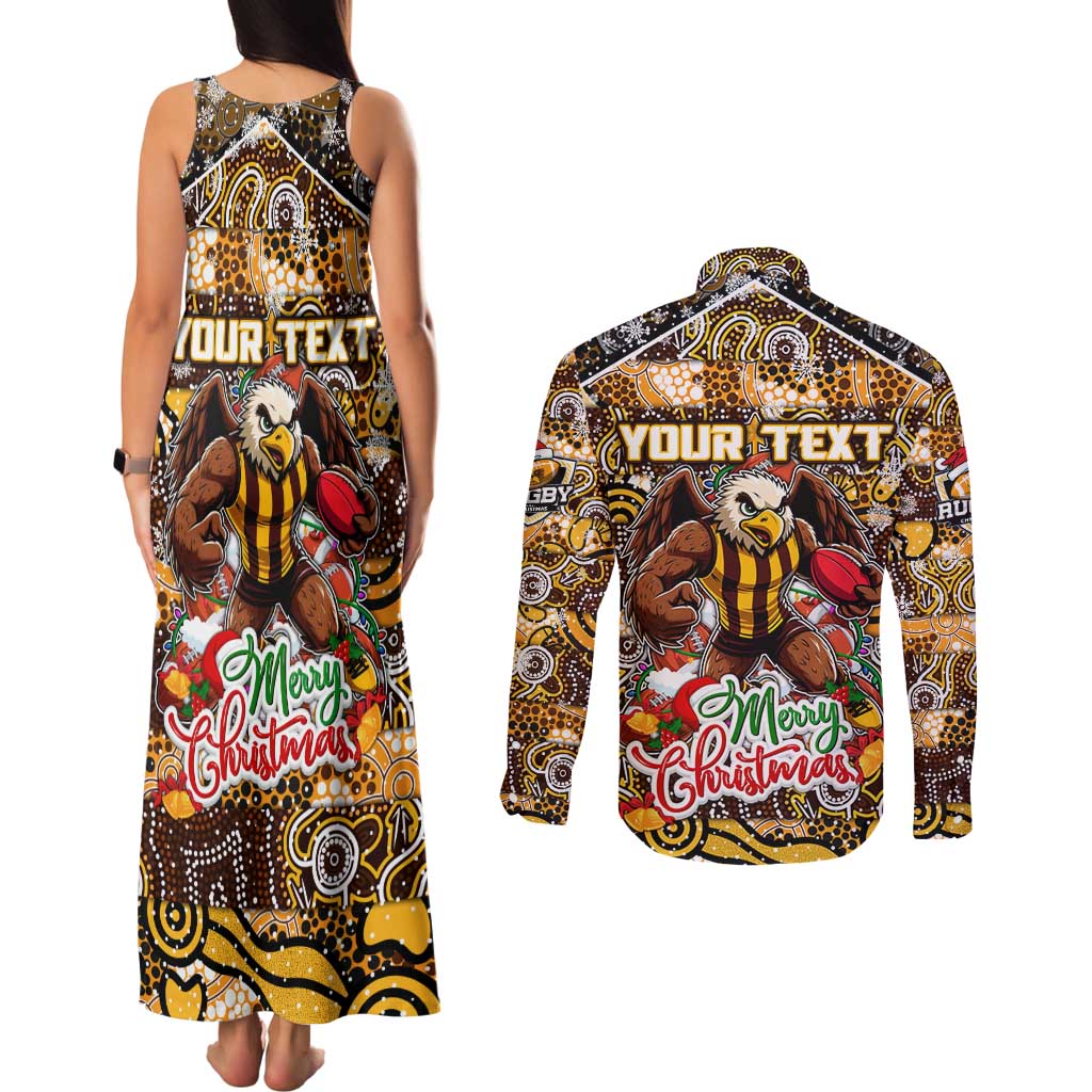Custom Hawks Rugby Merry Christmas Couples Matching Tank Maxi Dress and Long Sleeve Button Shirt Indigenous Australian Art