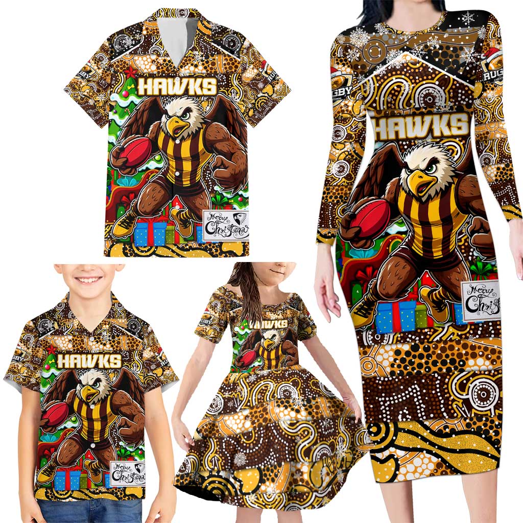 Custom Hawks Rugby Merry Christmas Family Matching Long Sleeve Bodycon Dress and Hawaiian Shirt Indigenous Australian Art
