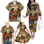 Custom Hawks Rugby Merry Christmas Family Matching Off The Shoulder Long Sleeve Dress and Hawaiian Shirt Indigenous Australian Art