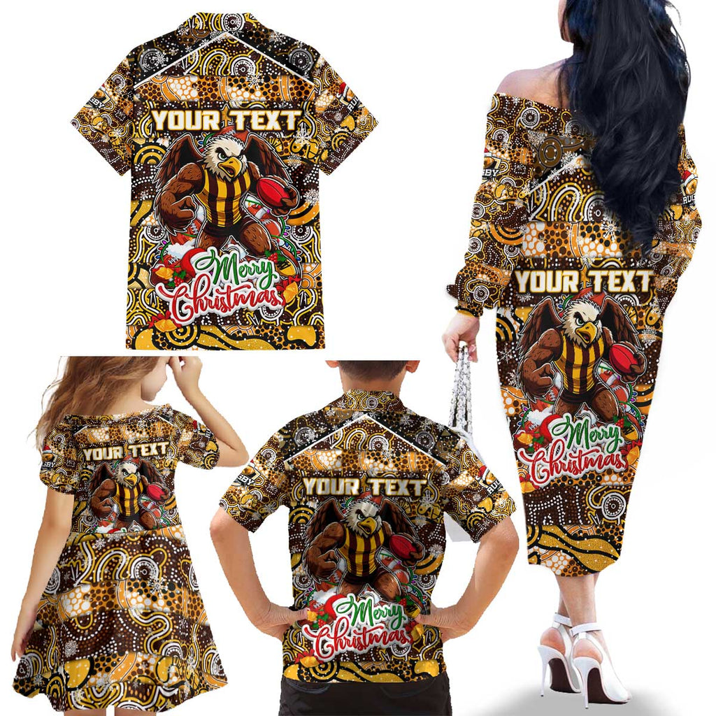Custom Hawks Rugby Merry Christmas Family Matching Off The Shoulder Long Sleeve Dress and Hawaiian Shirt Indigenous Australian Art