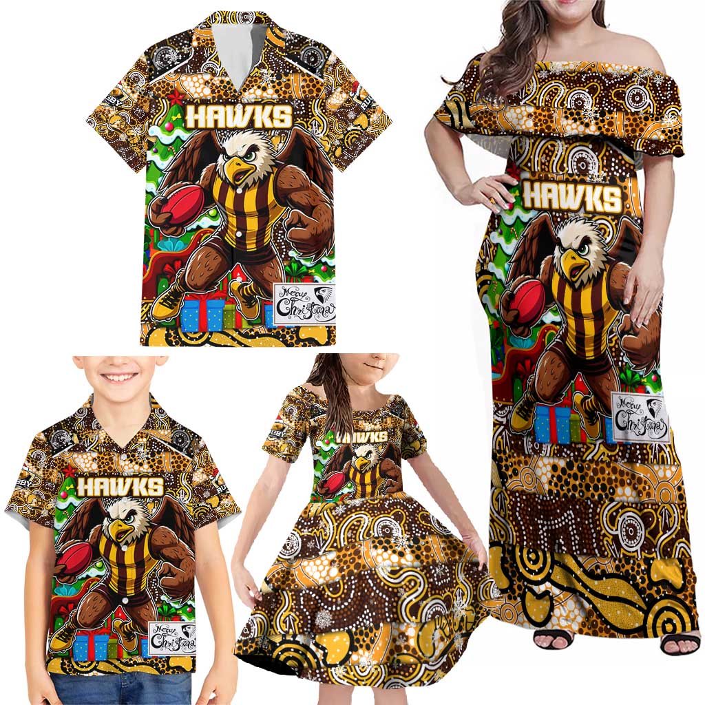 Custom Hawks Rugby Merry Christmas Family Matching Off Shoulder Maxi Dress and Hawaiian Shirt Indigenous Australian Art