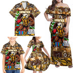 Custom Hawks Rugby Merry Christmas Family Matching Off Shoulder Maxi Dress and Hawaiian Shirt Indigenous Australian Art