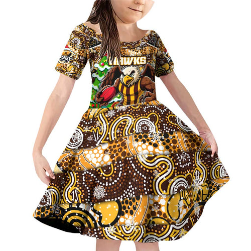 Custom Hawks Rugby Merry Christmas Family Matching Off Shoulder Short Dress and Hawaiian Shirt Indigenous Australian Art