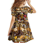 Custom Hawks Rugby Merry Christmas Family Matching Short Sleeve Bodycon Dress and Hawaiian Shirt Indigenous Australian Art