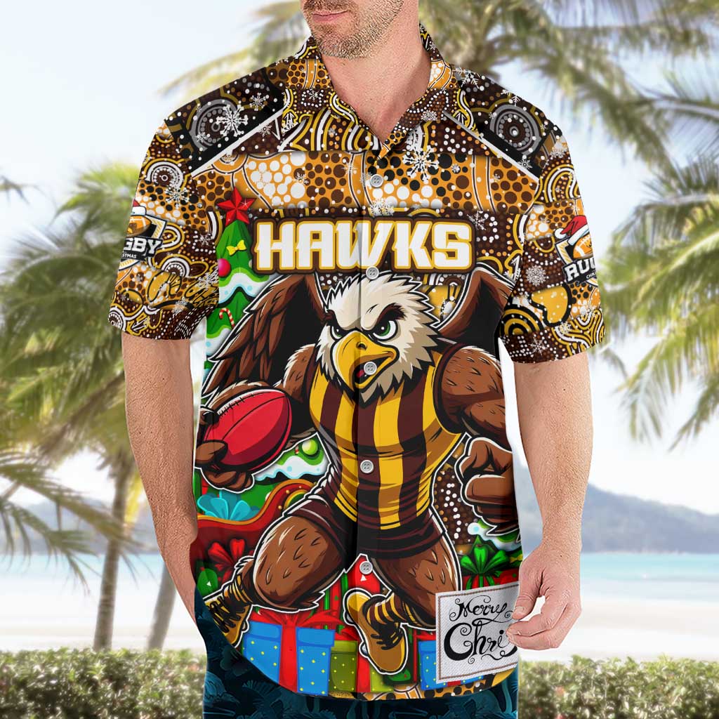 Custom Hawks Rugby Merry Christmas Hawaiian Shirt Indigenous Australian Art