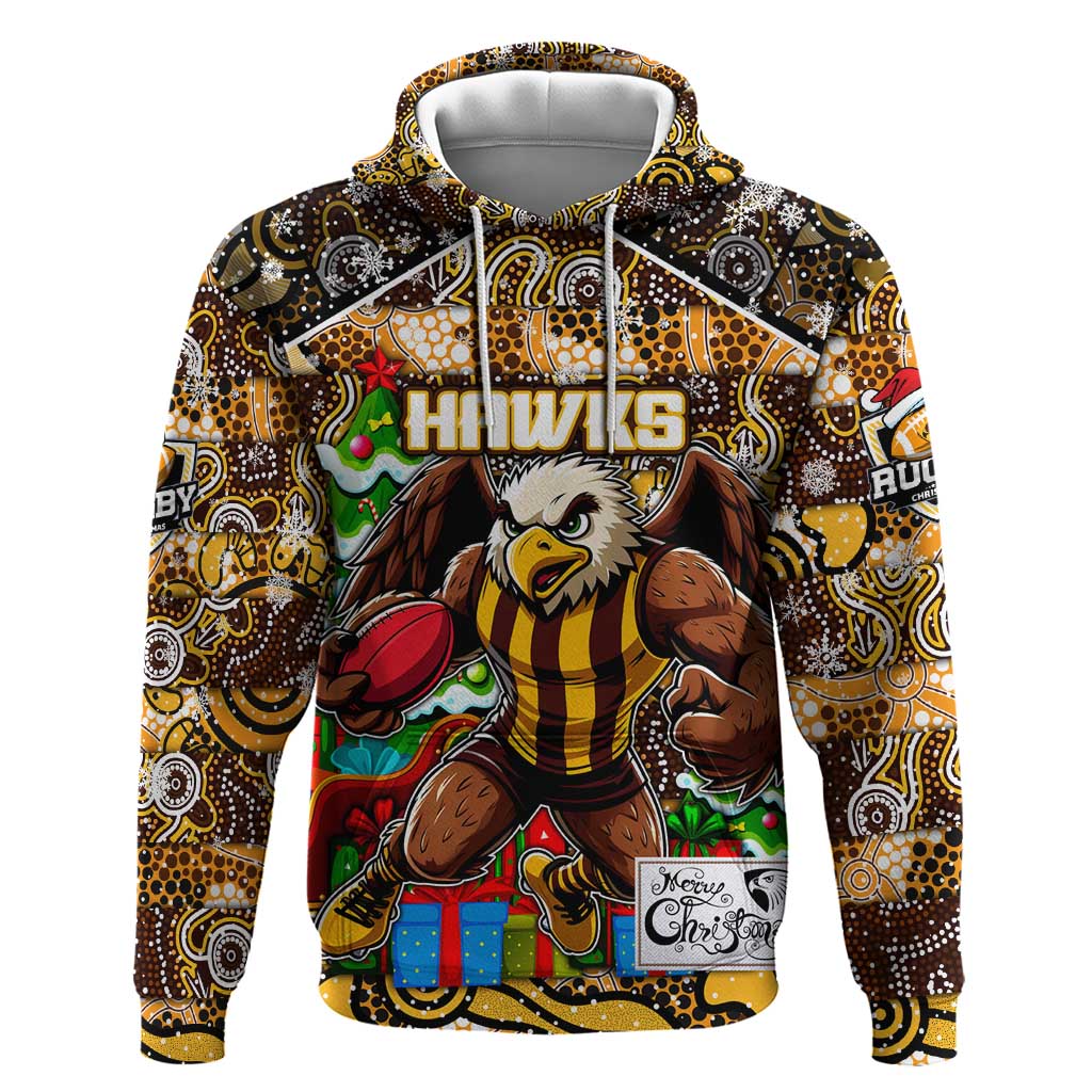 Custom Hawks Rugby Merry Christmas Hoodie Indigenous Australian Art