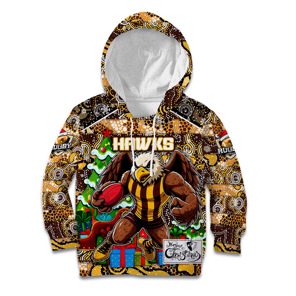 Custom Hawks Rugby Merry Christmas Kid Hoodie Indigenous Australian Art