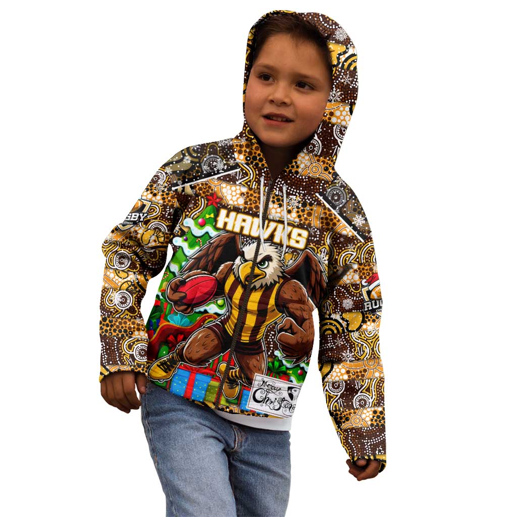 Custom Hawks Rugby Merry Christmas Kid Hoodie Indigenous Australian Art