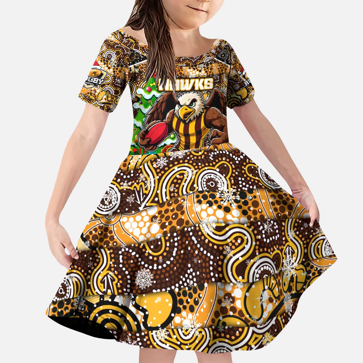 Custom Hawks Rugby Merry Christmas Kid Short Sleeve Dress Indigenous Australian Art