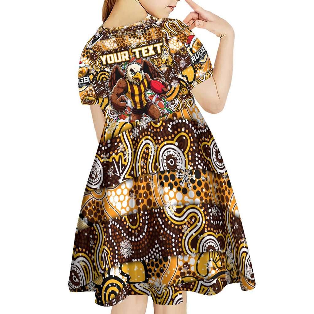 Custom Hawks Rugby Merry Christmas Kid Short Sleeve Dress Indigenous Australian Art
