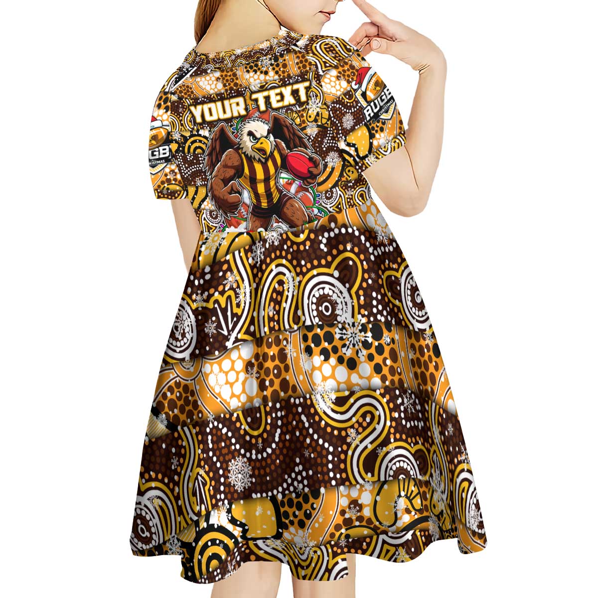 Custom Hawks Rugby Merry Christmas Kid Short Sleeve Dress Indigenous Australian Art