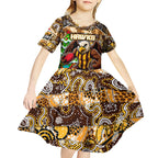 Custom Hawks Rugby Merry Christmas Kid Short Sleeve Dress Indigenous Australian Art