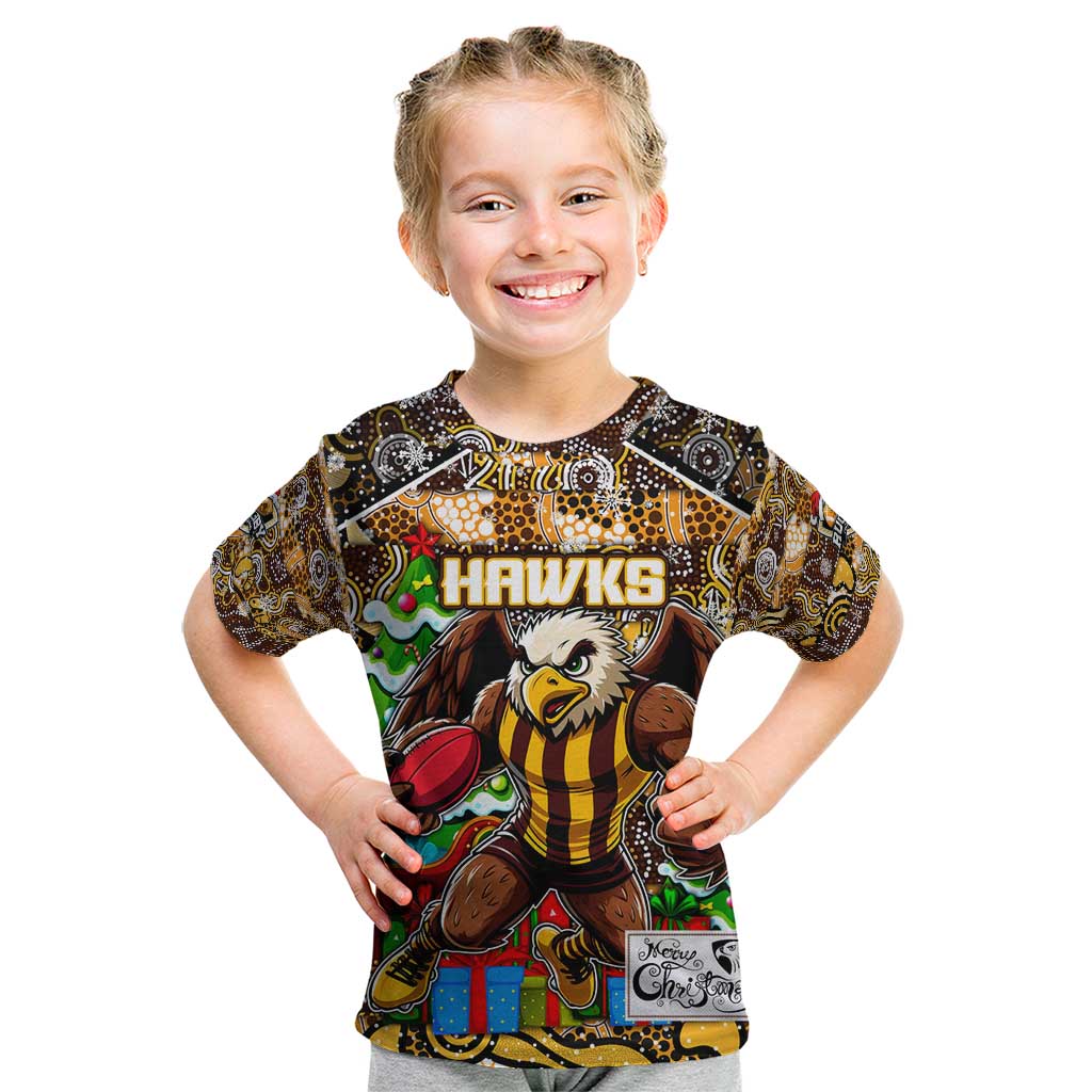 Custom Hawks Rugby Merry Christmas Kid T Shirt Indigenous Australian Art