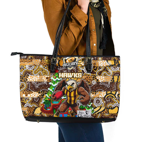 Hawks Football Merry Christmas Leather Tote Bag Indigenous Australian Art