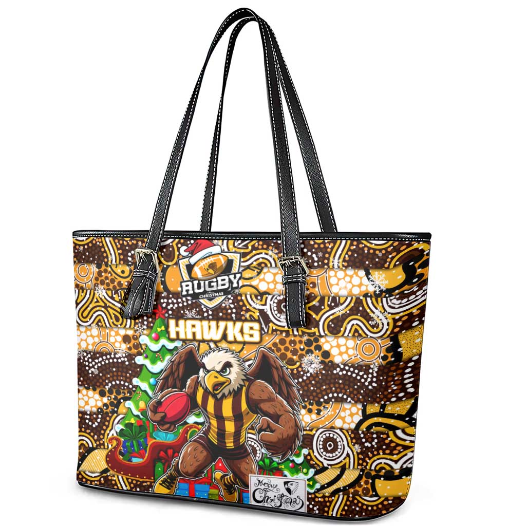 Hawks Football Merry Christmas Leather Tote Bag Indigenous Australian Art