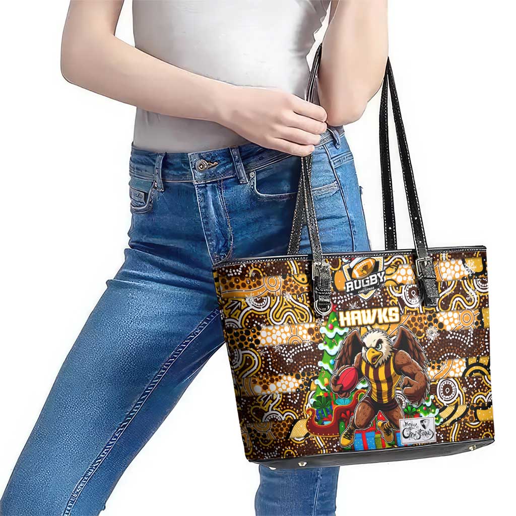 Hawks Football Merry Christmas Leather Tote Bag Indigenous Australian Art