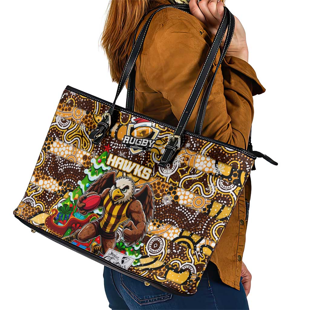 Hawks Football Merry Christmas Leather Tote Bag Indigenous Australian Art