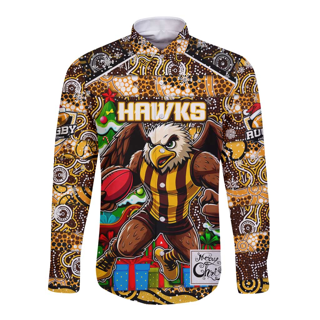 Custom Hawks Rugby Merry Christmas Long Sleeve Button Shirt Indigenous Australian Art