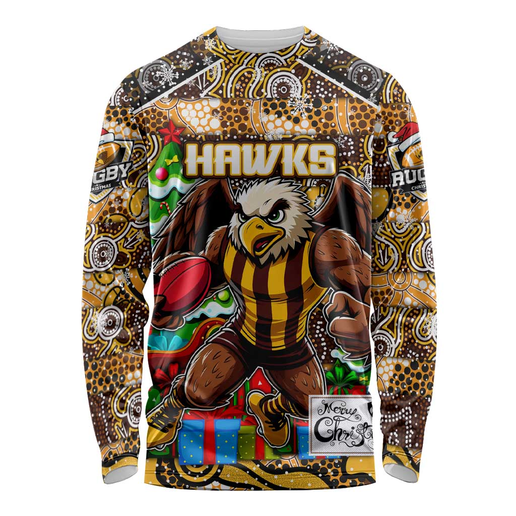 Custom Hawks Rugby Merry Christmas Long Sleeve Shirt Indigenous Australian Art