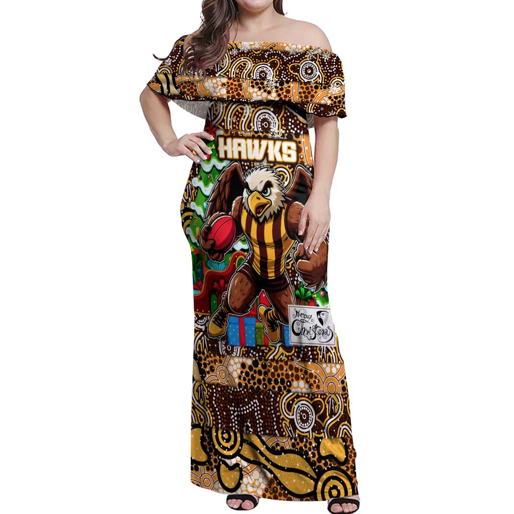 Custom Hawks Rugby Merry Christmas Off Shoulder Maxi Dress Indigenous Australian Art
