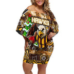 Custom Hawks Rugby Merry Christmas Off Shoulder Short Dress Indigenous Australian Art