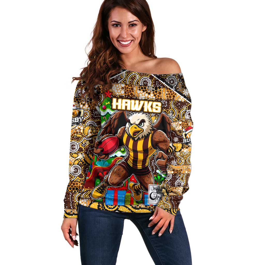 Custom Hawks Rugby Merry Christmas Off Shoulder Sweater Indigenous Australian Art
