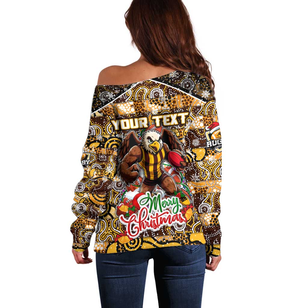 Custom Hawks Rugby Merry Christmas Off Shoulder Sweater Indigenous Australian Art
