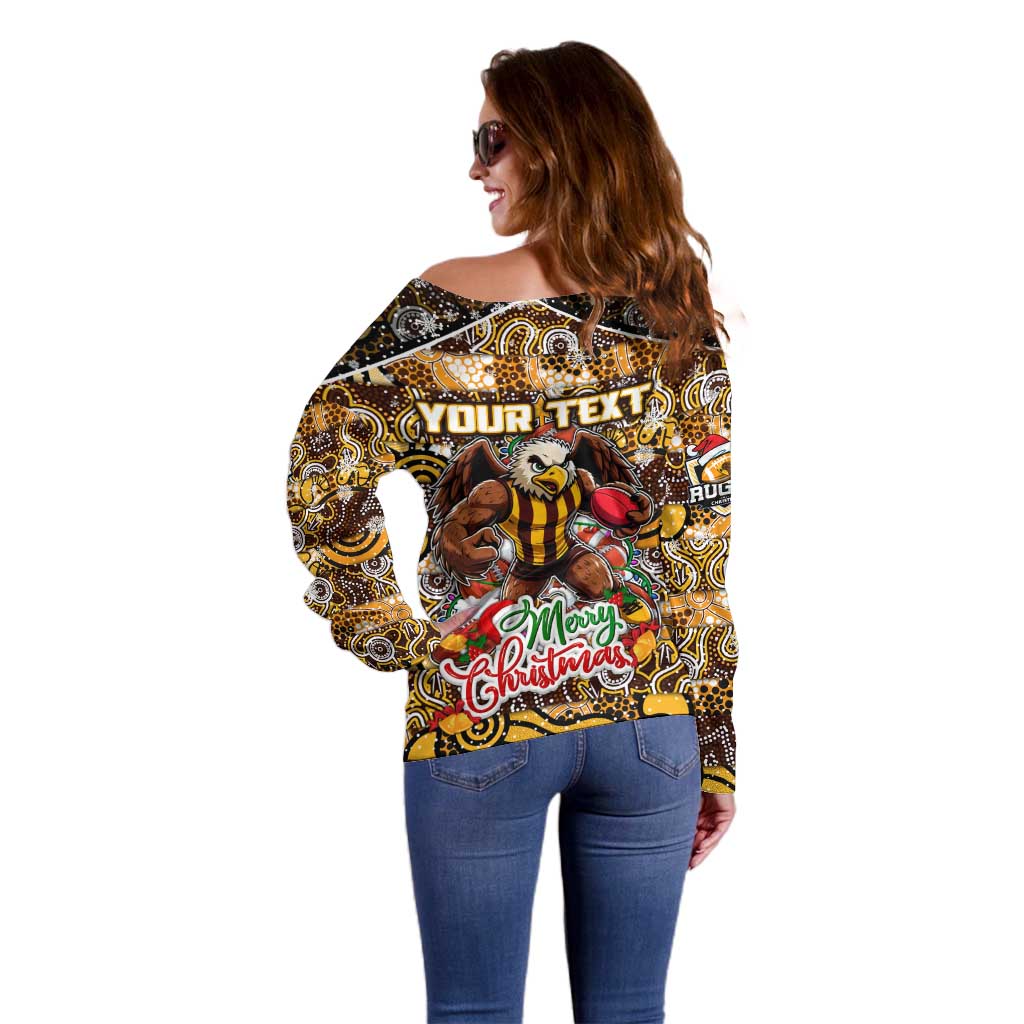 Custom Hawks Rugby Merry Christmas Off Shoulder Sweater Indigenous Australian Art