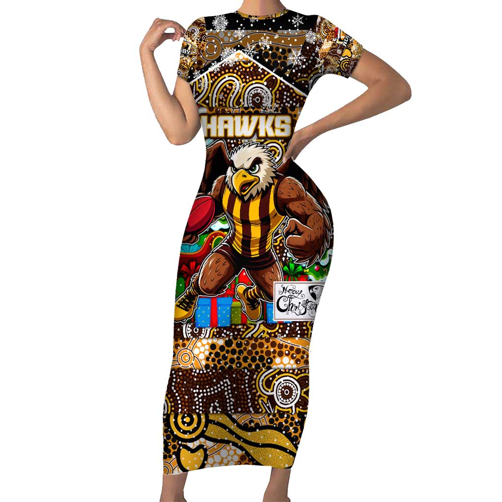 Custom Hawks Rugby Merry Christmas Short Sleeve Bodycon Dress Indigenous Australian Art