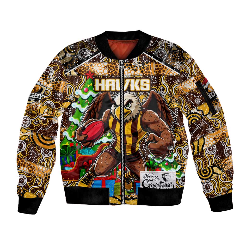 Custom Hawks Rugby Merry Christmas Sleeve Zip Bomber Jacket Indigenous Australian Art