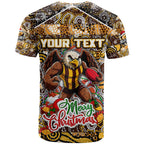 Custom Hawks Rugby Merry Christmas T Shirt Indigenous Australian Art