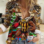 Custom Hawks Rugby Merry Christmas Women Casual Shirt Indigenous Australian Art
