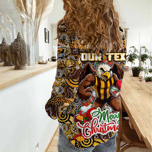 Custom Hawks Rugby Merry Christmas Women Casual Shirt Indigenous Australian Art