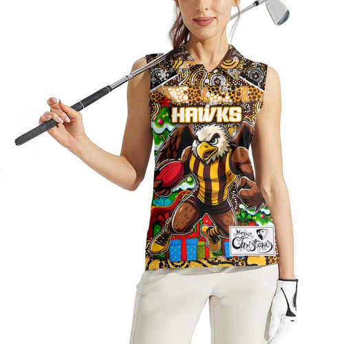 Custom Hawks Rugby Merry Christmas Women Sleeveless Polo Shirt Indigenous Australian Art