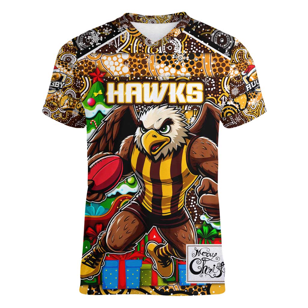 Custom Hawks Rugby Merry Christmas Women V-Neck T-Shirt Indigenous Australian Art