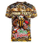 Custom Hawks Rugby Merry Christmas Women V-Neck T-Shirt Indigenous Australian Art