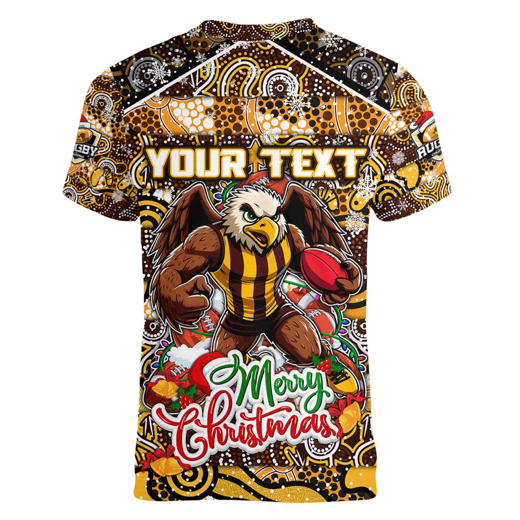 Custom Hawks Rugby Merry Christmas Women V-Neck T-Shirt Indigenous Australian Art