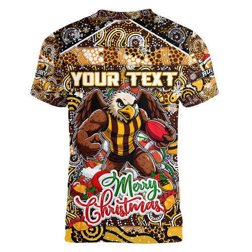 Custom Hawks Rugby Merry Christmas Women V-Neck T-Shirt Indigenous Australian Art