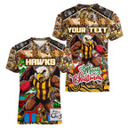 Custom Hawks Rugby Merry Christmas Women V-Neck T-Shirt Indigenous Australian Art