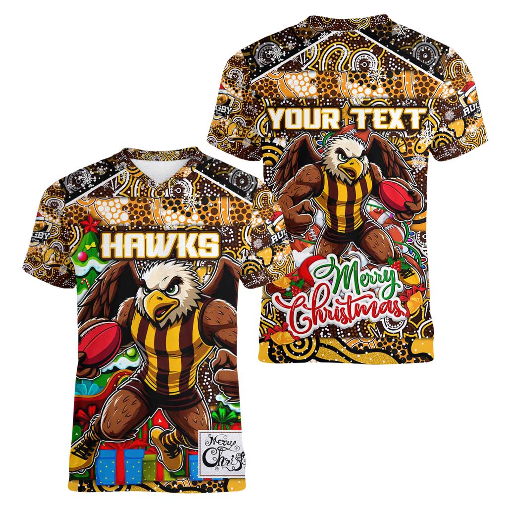 Custom Hawks Rugby Merry Christmas Women V-Neck T-Shirt Indigenous Australian Art