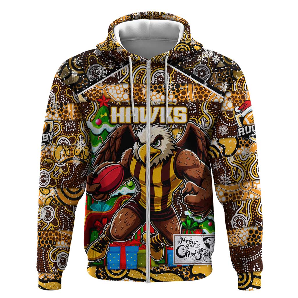Custom Hawks Rugby Merry Christmas Zip Hoodie Indigenous Australian Art