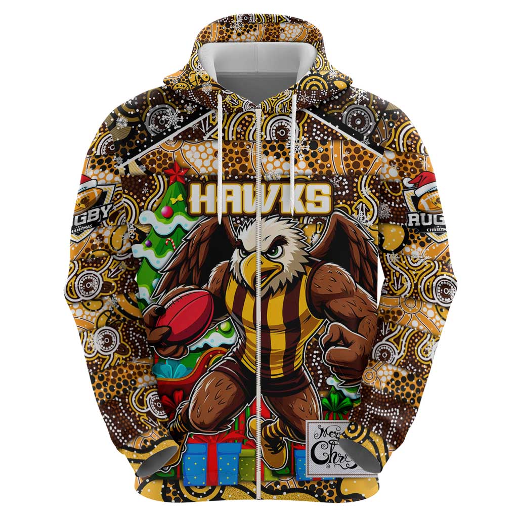 Custom Hawks Rugby Merry Christmas Zip Hoodie Indigenous Australian Art