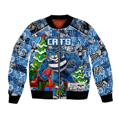 Custom Cats Rugby Merry Christmas Bomber Jacket Indigenous Australian Art